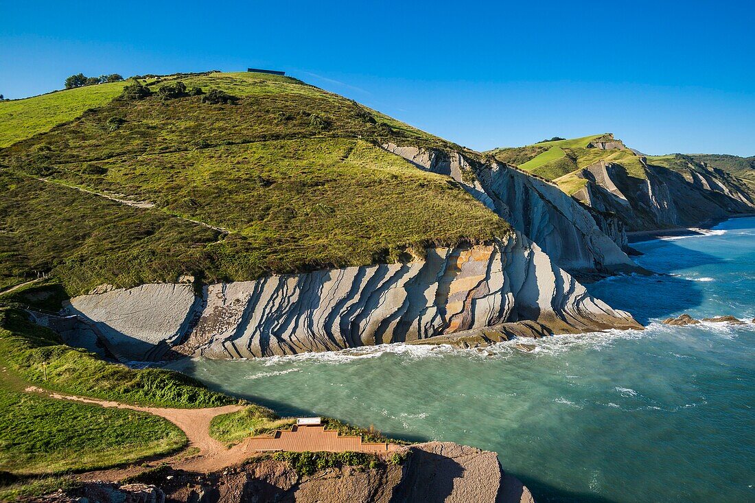 Spain, Basque Country, Guipuzcoa, Zumaia, UNESCO Flysch Geopark, or Basque coastal flat, with stratotypes dating back millions of years