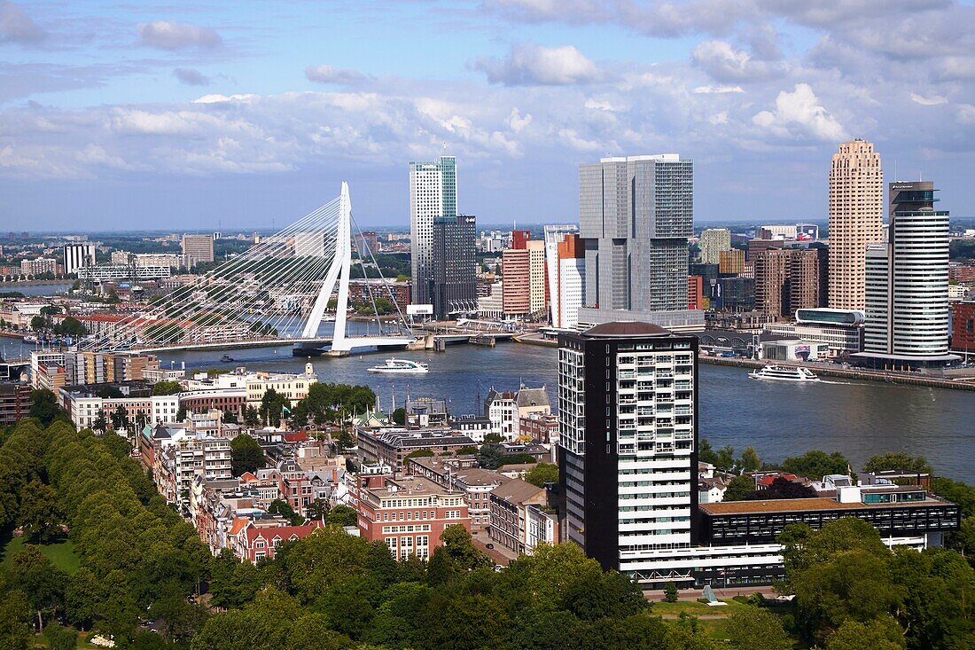 Netherlands, South Holland, Rotterdam, view from Euromast park Het Park, New Meuse and Southbank (Hotel New York opened in 1993 in the old building of the Holland America Line, the building From Rotterdam (2014) by the architect Rem Koolhaas, the ecological building Maastoren the Erasmus Bridge ...)