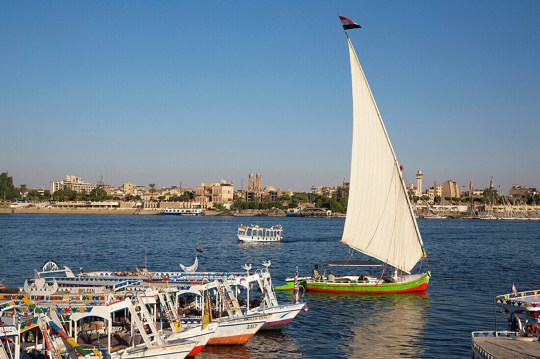 Ägypten,Oberägypten,Niltal,Luxor,Feluke mit aufgestellten Segeln bei der Überquerung des Nils vor vertäuten Flussbooten und der Stadt Luxor im Hintergrund