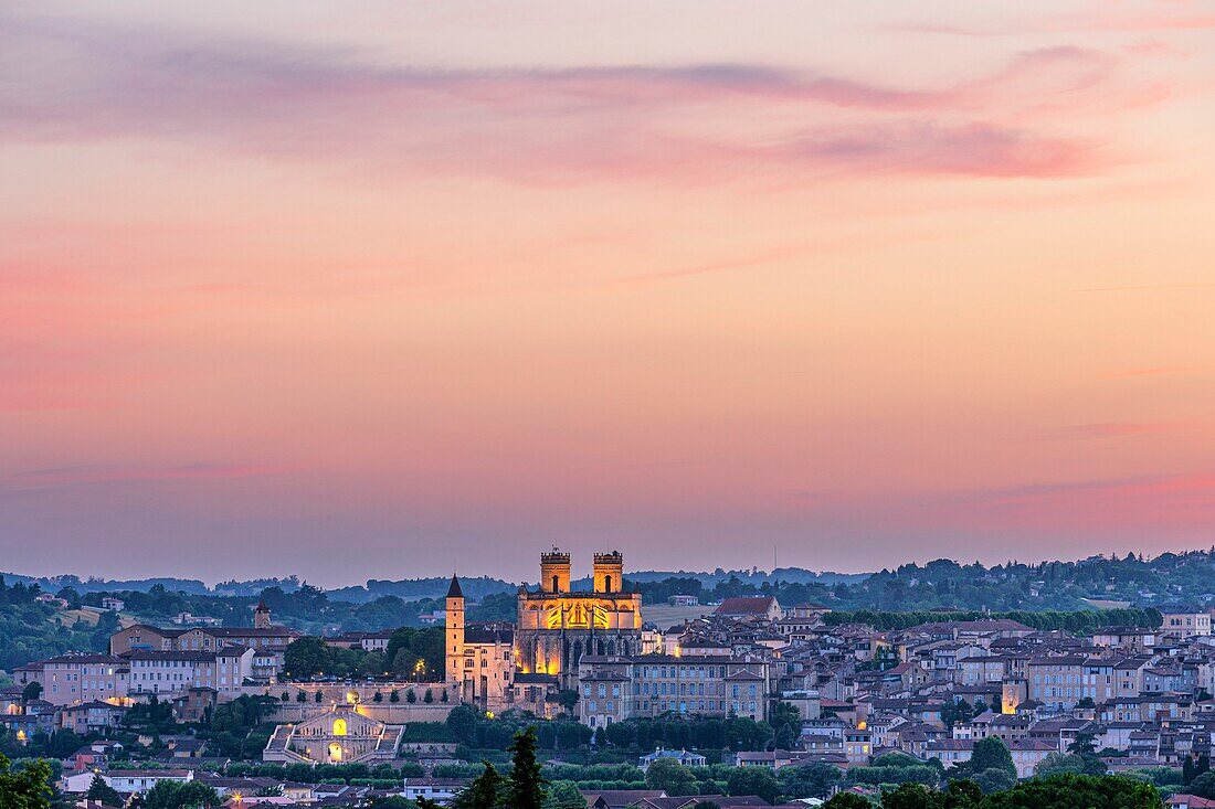 France, Gers, Auch, stop on El Camino de Santiago, general view of the old town at dusk