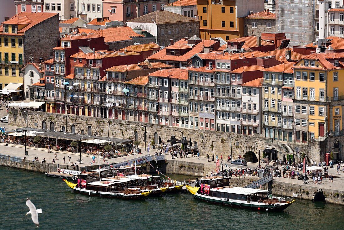 Portugal,Region Nord,Porto,historisches Zentrum,das von der UNESCO zum Weltkulturerbe erklärt wurde,Blick von der Dom-Luis-Brücke auf das historische Viertel Cais de Ribeira am Ufer des Douro,Boote an der Anlegestelle