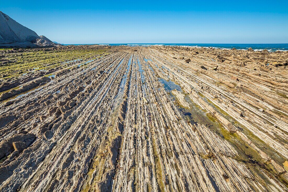 Spain, Basque Country, Guipuzcoa, Zumaia, UNESCO Flysch Geopark, or Basque coastal flat, with stratotypes dating back millions of years