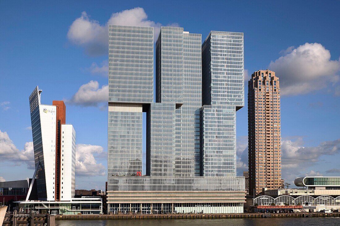 Netherlands, South Holland, Rotterdam, Southbank area along the Nieuwe Maas with the building designed by the Dutch architect Rem Koolhaas (OMA) named De Rotterdam (2014)