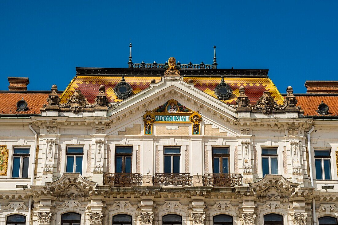 Hungary, Southern Transdanubia, Baranya County, Pecs, Post Office, Jókai utca 8, a fine example of an Art Nouveau building with a roof covered with ceramic tiles by Zsolnay