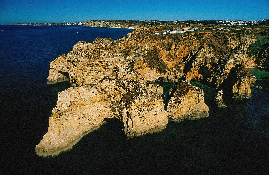 Portugal, Algarve, Toralta, Cap Ponta de Piedade from the sky (aerial view)