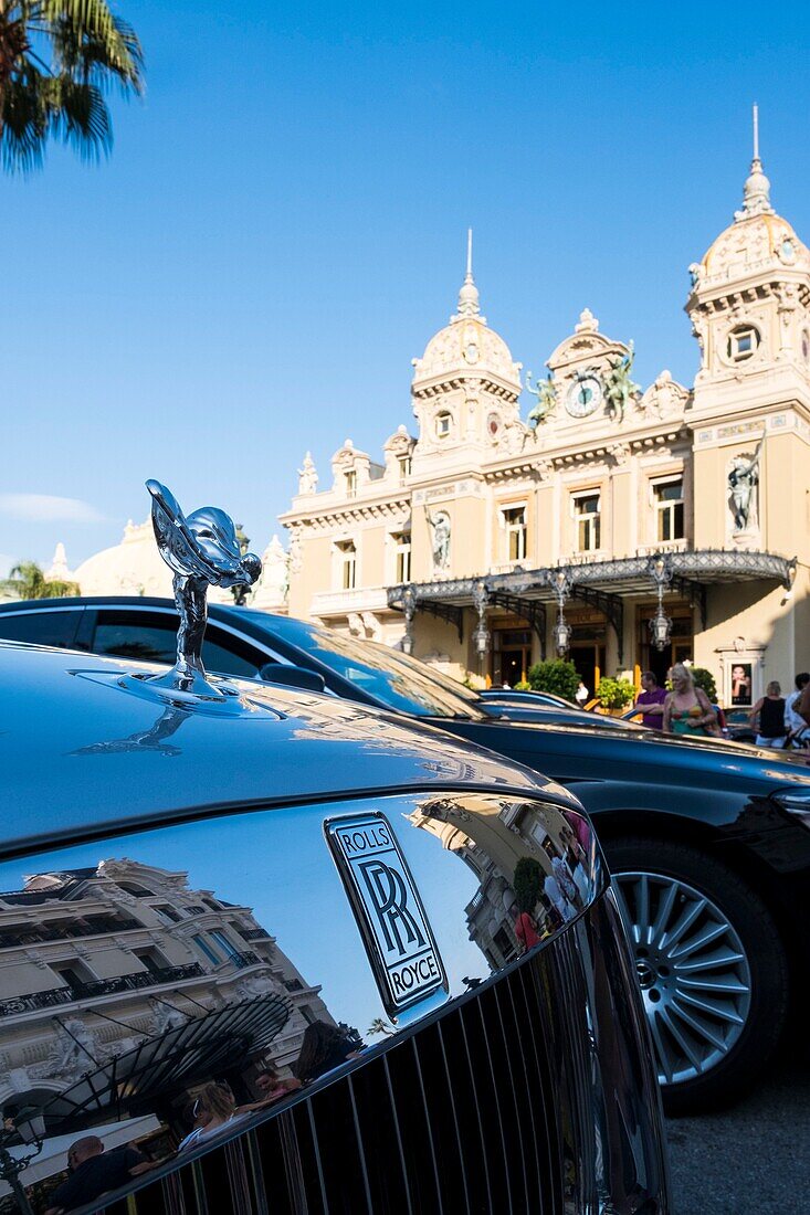 Principality of Monaco, Monaco, Societe des Bains de Mer de Monaco, Casino, detail of a luxury car parked in front of the casino