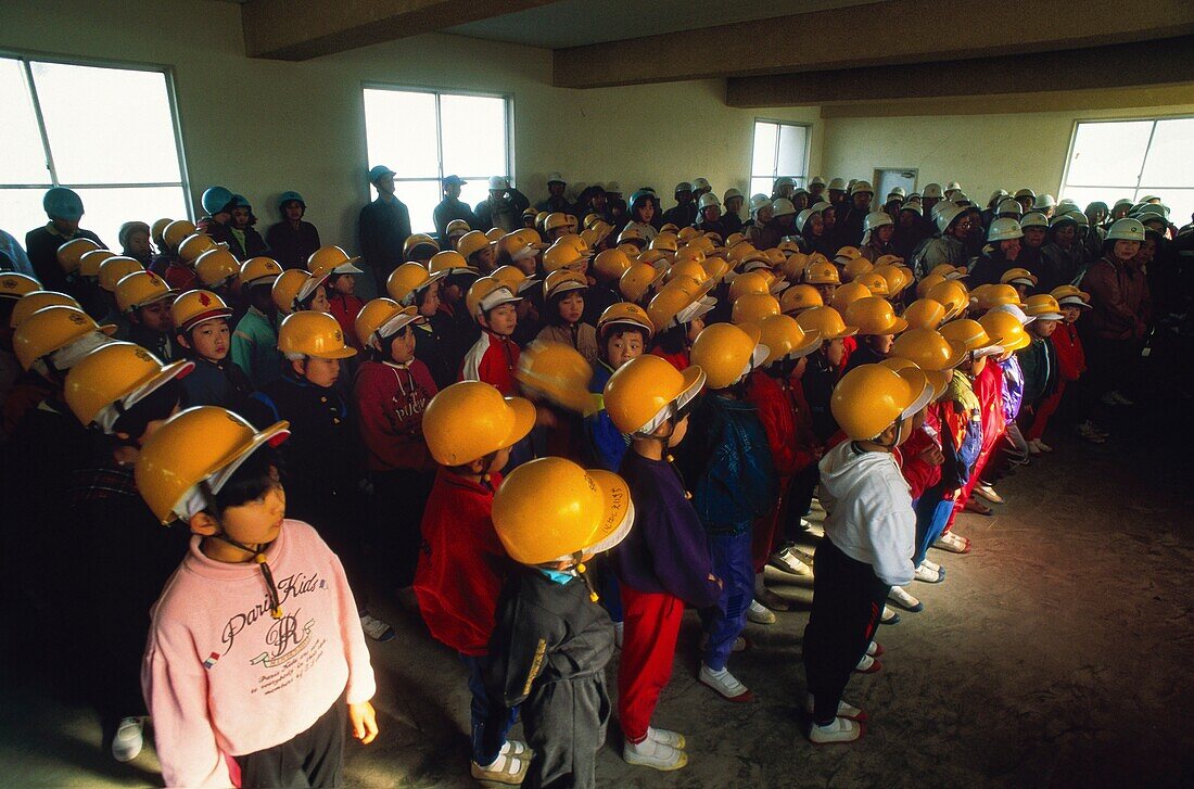 Japan, Kyushu, Kagoshima, Security and evacuation measure in Kagoshima schools at the foot of Sakurajima