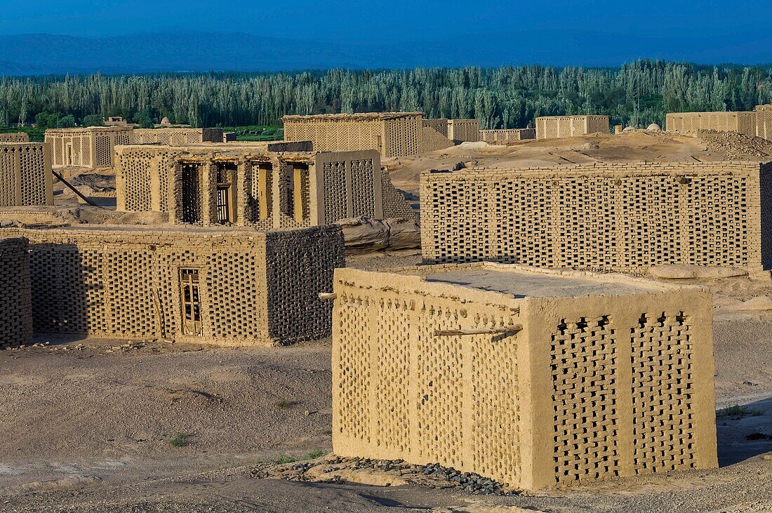 China, Xinjiang autonomous region, Turfan or Turpan, grape dryers in mud bricks