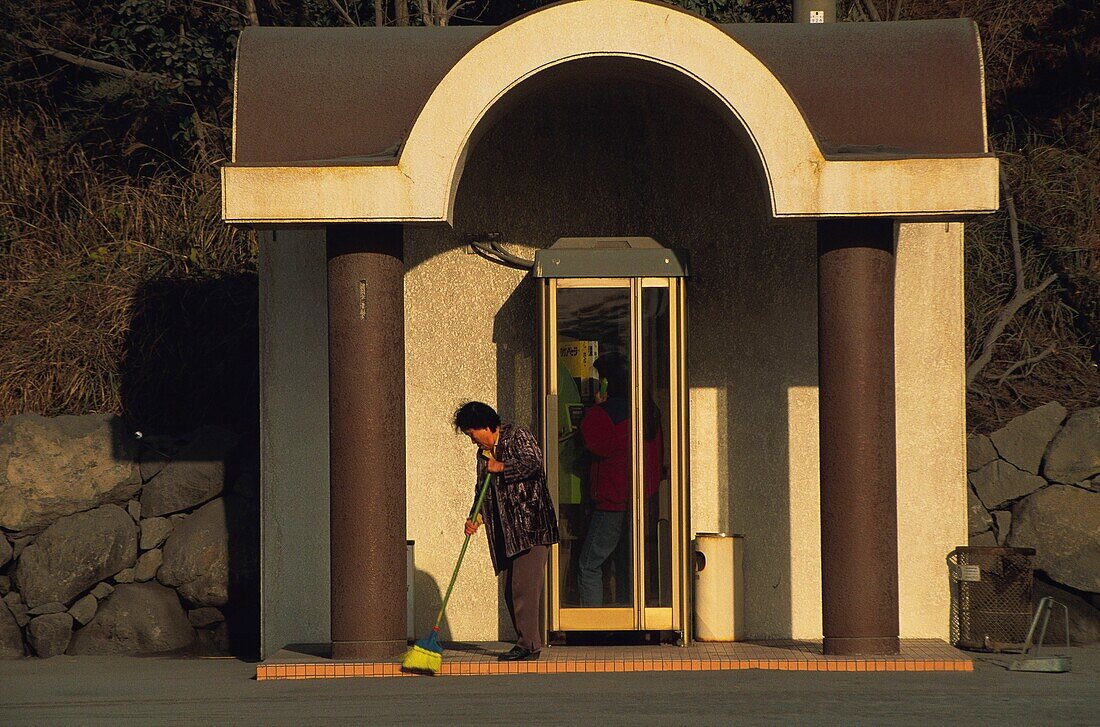 Japan, Kyushu, Kagoshima, Kagoshima phone booths are reinforced in case of eruption of Sakurajima