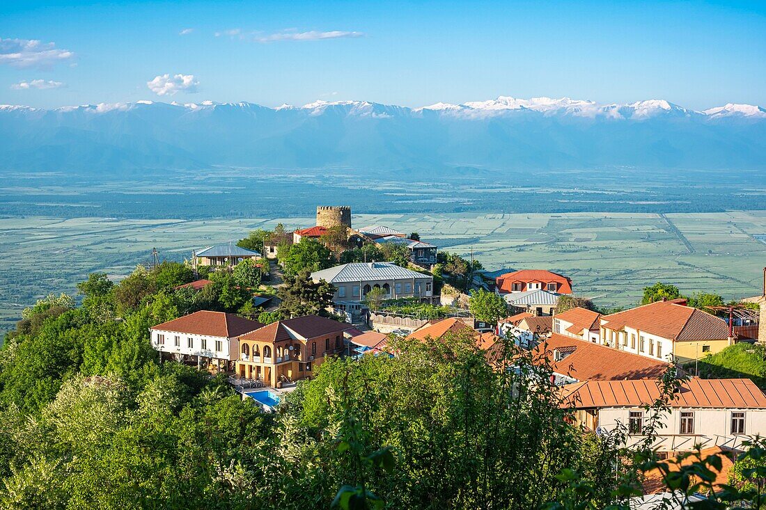 Georgia, Kakheti region, Sighnaghi fortified village, Greater Caucasus range covered with snow in the background