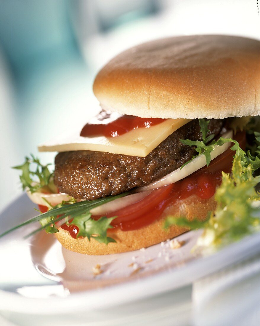 Cheeseburger (mit Salat,Tomaten,Zwiebeln,Ketchup) auf Teller