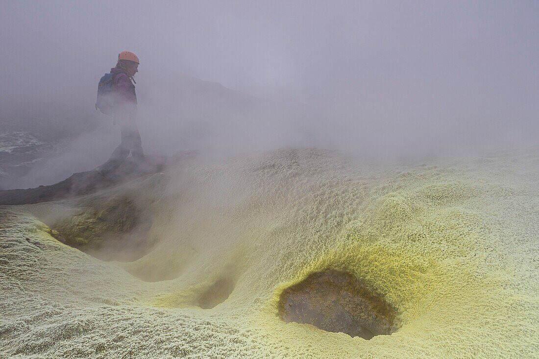 Italy, Sicily, Mount Etna Regional Nature Park, Mount Etna, UNESCO World Heritage Site, North Slope, sulfur vapor near the summit