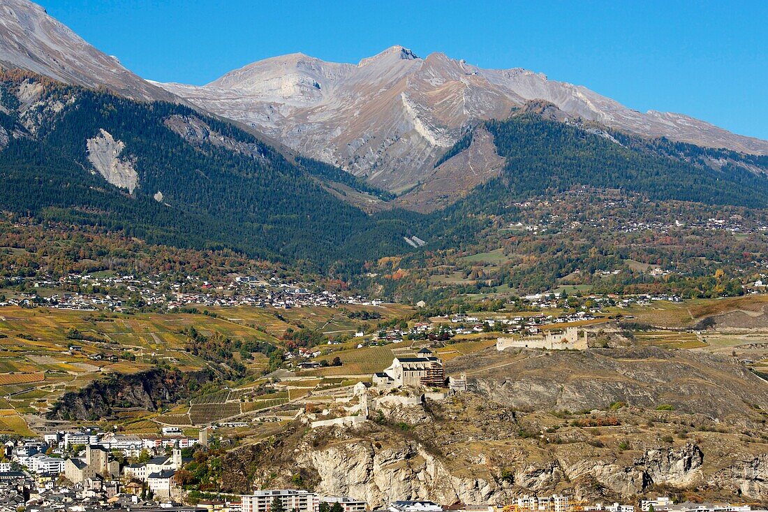 Switzerland, Canton of Valais, Sion, capital of the canton, Valere church and Tourbillon castle