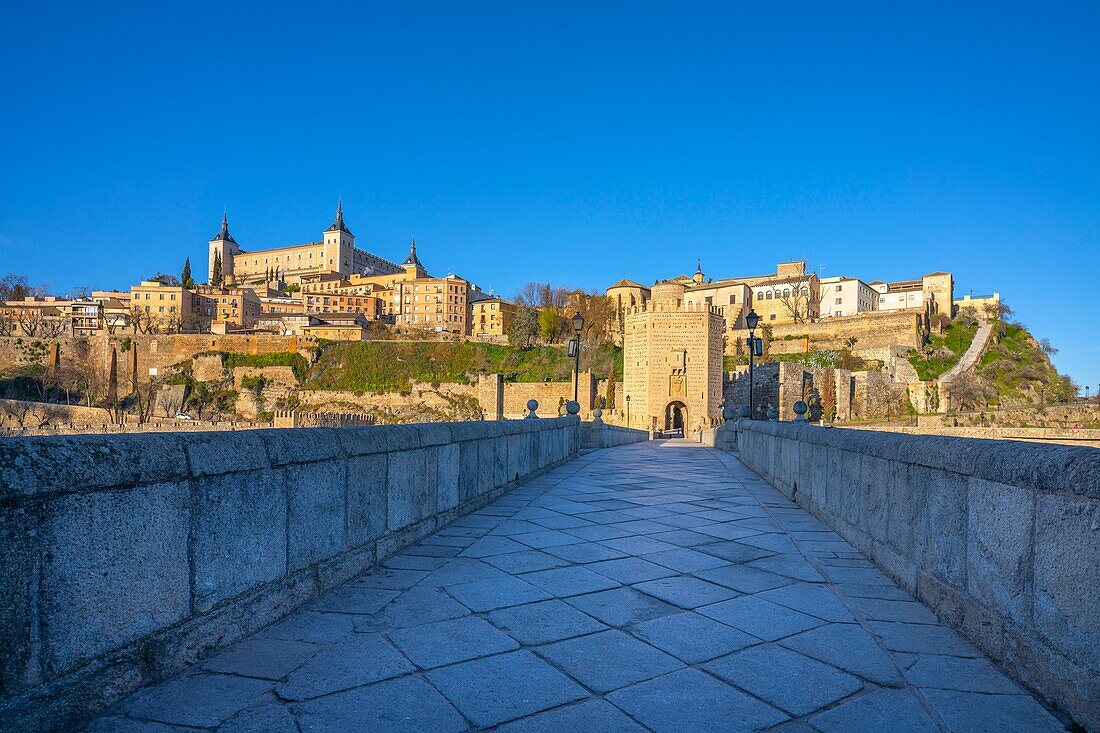 View from the Port and Bridge of Alcantara, Toledo, Castile-La Mancha, Spain, Europe