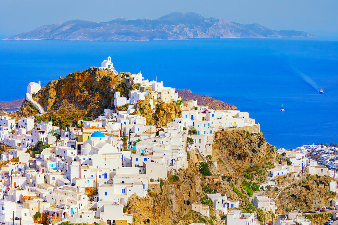 View of Chora village and Sifnos island in the distance, Chora, Serifos Island, Cyclades, Greek Islands, Greece, Europe