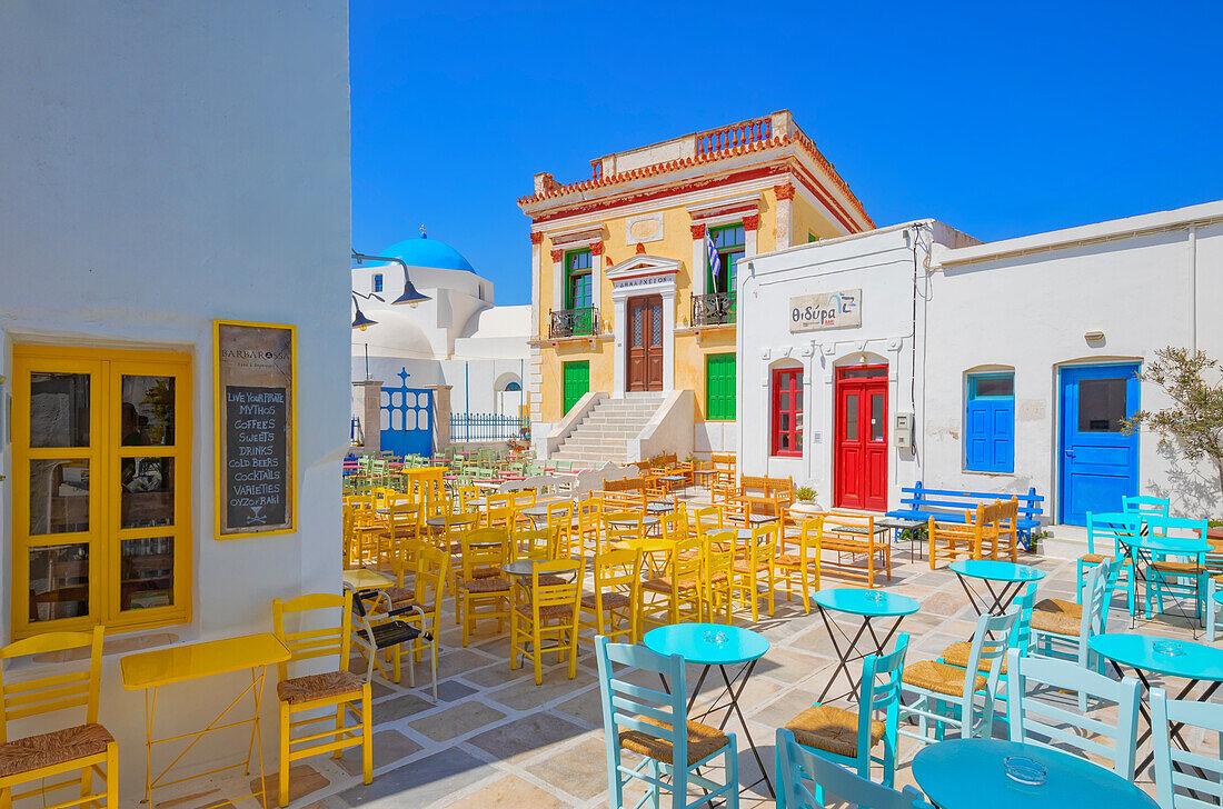 Chora central square with cafe tables and chairs,  Chora, Serifos Island, Cyclades, Greek Islands, Greece, Europe