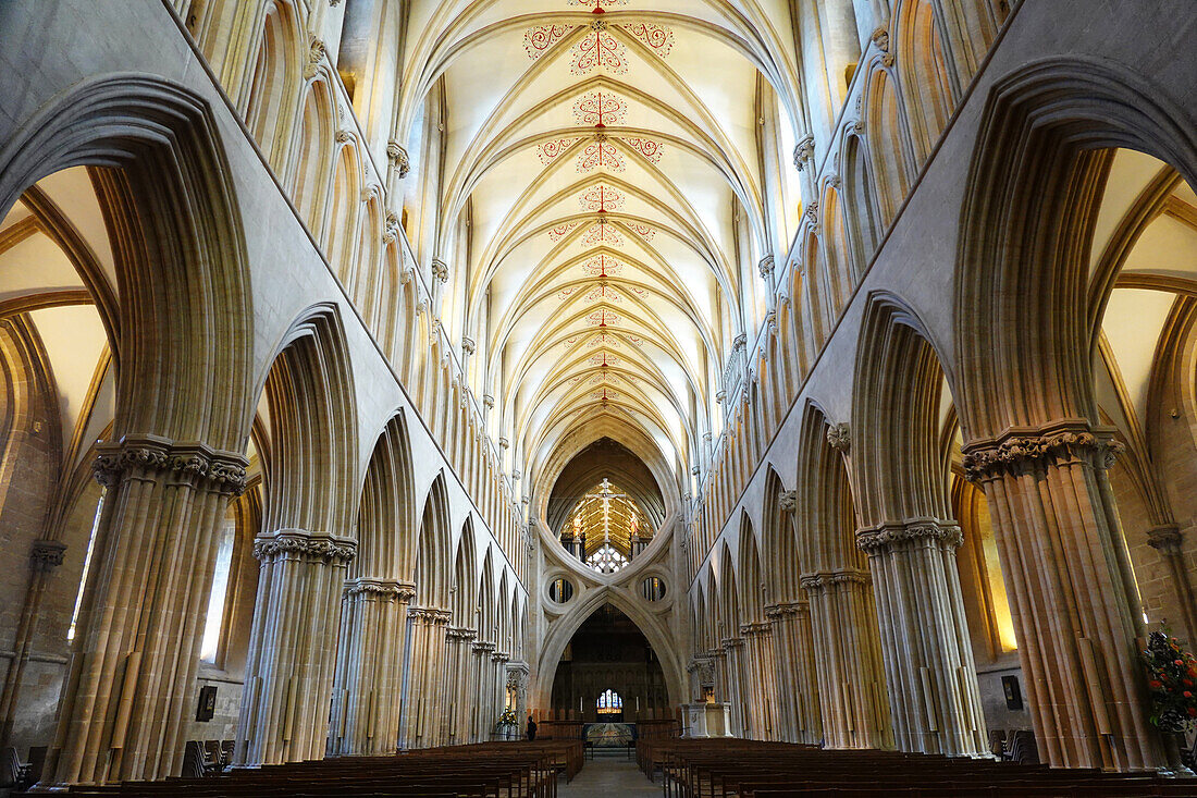 Wells Cathedral, a 12th century Anglican cathedral dedicated to St. Andrew the Apostle, seat of the Bishop of Bath and Wells, Wells, Somerset, England, United Kingdom, Europe