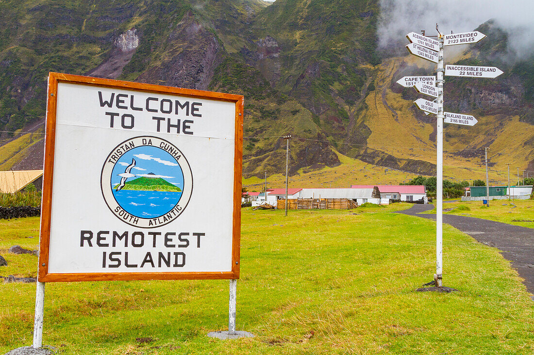 View of Welcome sign and signpost on Tristan da Cunha, the most remote inhabited location on Earth, Tristan da Cunha, South Atlantic Ocean