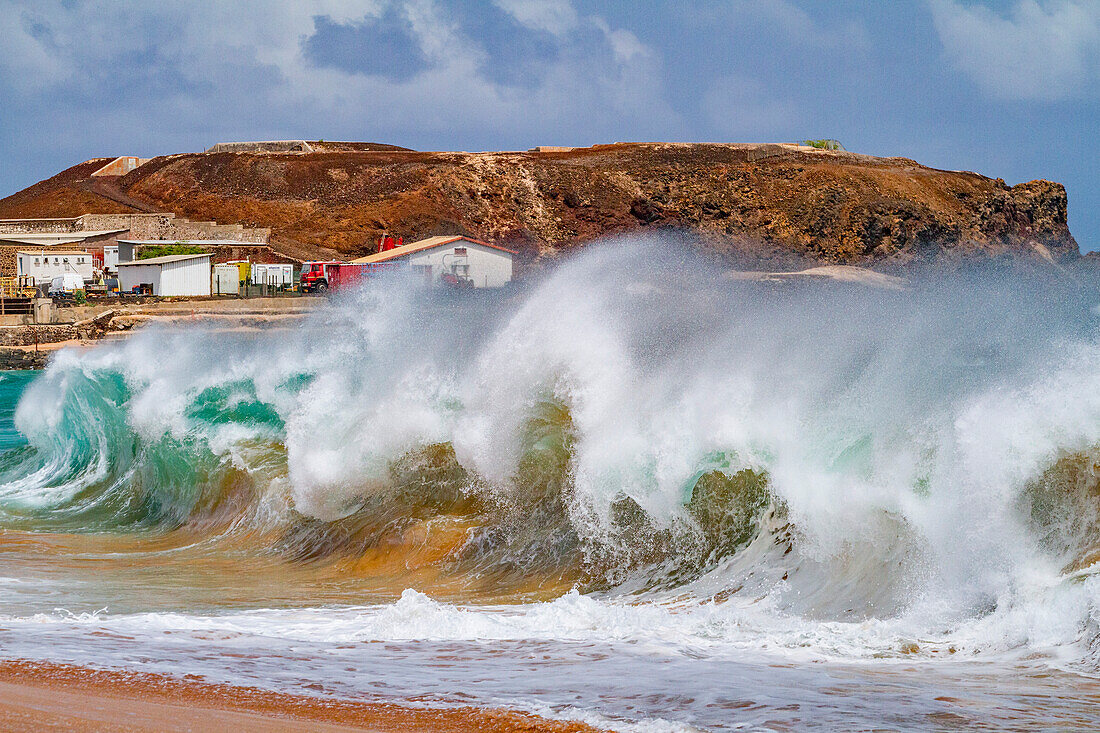 Huge waves breaking on the beach at Ascension Island in the Tropical Atlantic Ocean, South Atlantic Ocean