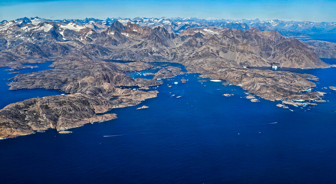 Aerial of the mountainous coastline around Kulusuk, Greenland, Polar Regions