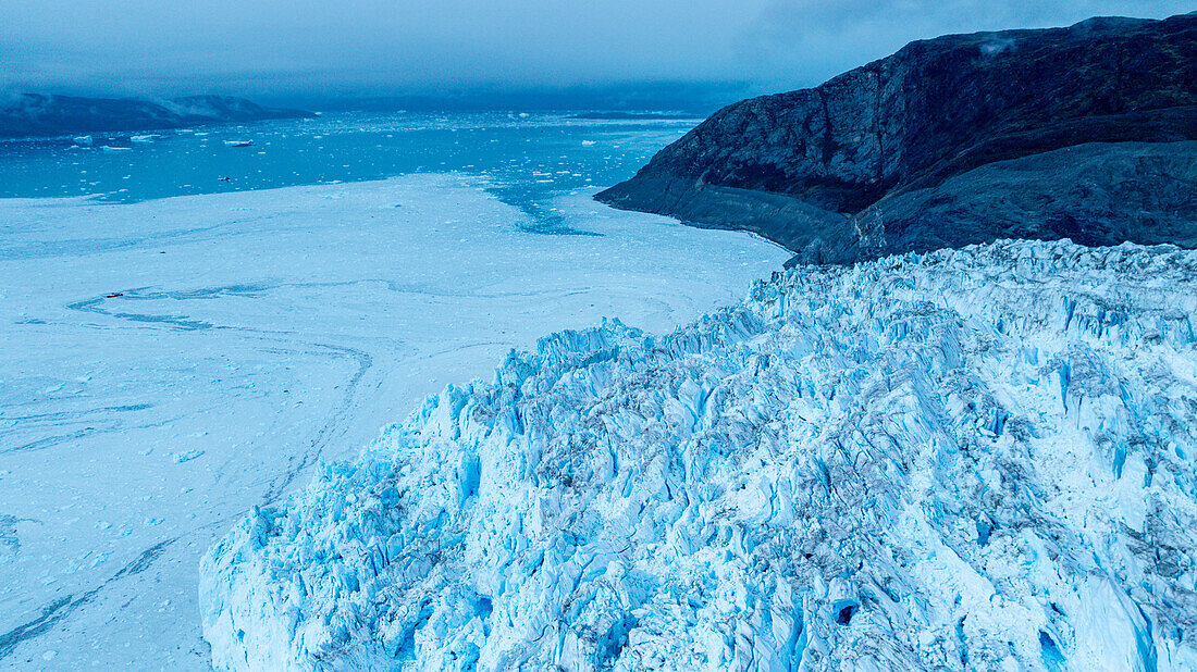 Aerial of the Eqi glacier, Western Greenland, Denmark, Polar Regions