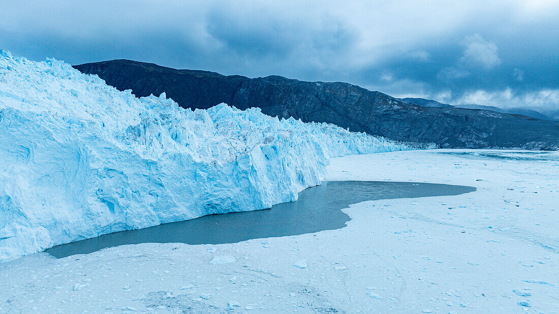 Aerial of the Eqi glacier, Western Greenland, Denmark, Polar Regions