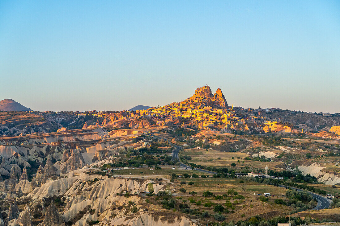 Aerial view of Uchisar Castle at sunrise, Cappadocia, Central Anatolia Region, Anatolia, Turkey, Asia Minor, Asia