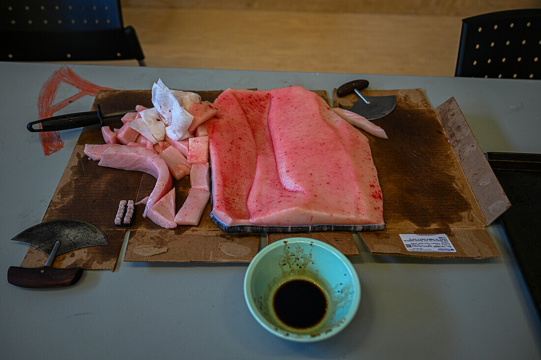 Raw whale meat, Grise Fjord, most northern community in America, Nunavut, Canadian Arctic, Canada, North America