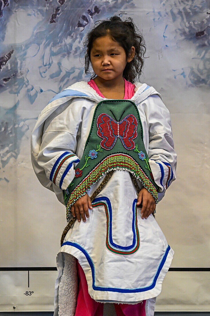 Inuit girl in traditional dress, Grise Fjord, most northern community in America, Nunavut, Canadian Arctic, Canada, North America