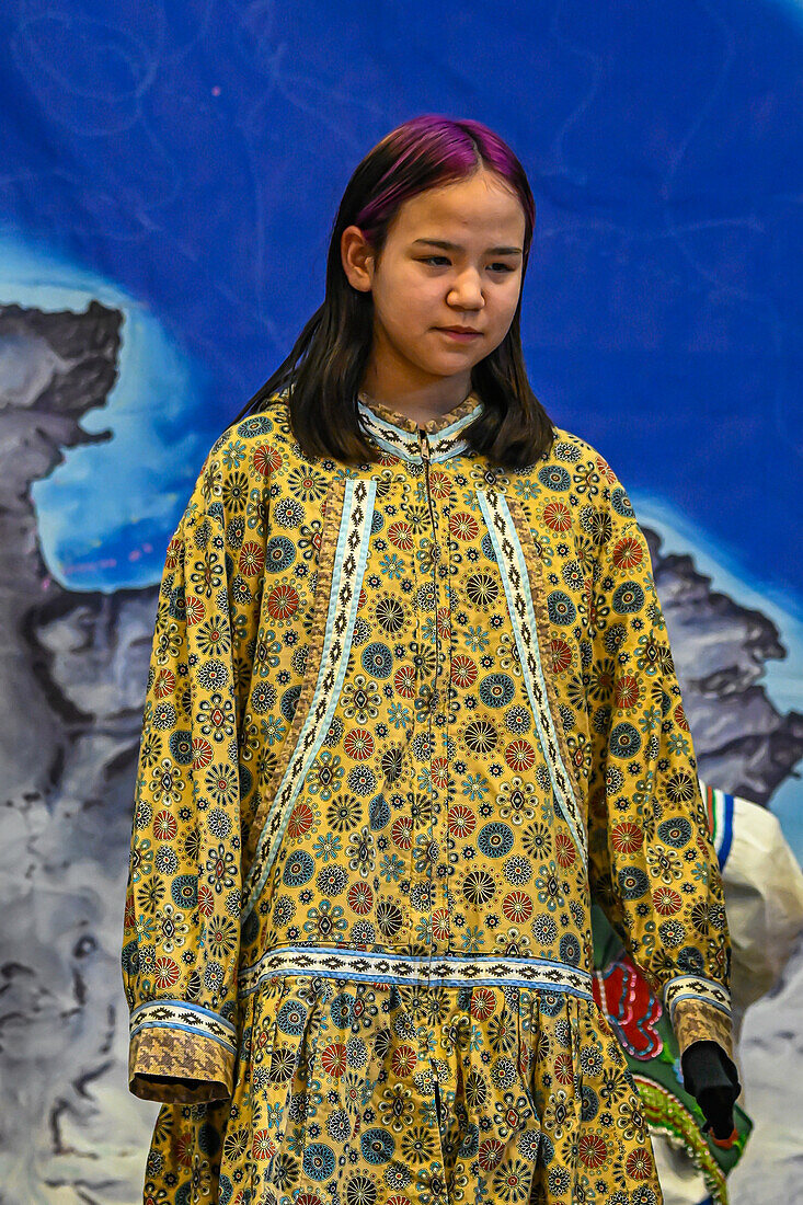 Inuit girl in traditional dress, Grise Fjord, most northern community in America, Nunavut, Canadian Arctic, Canada, North America