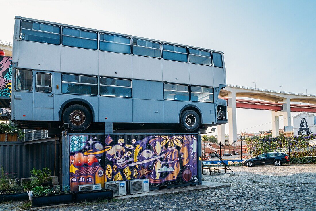 Village Underground Lisboa, an international platform for creativity, art, and culture, built with two buses and 14 shipping containers converted into creative spaces, Lisbon, Portugal, Europe