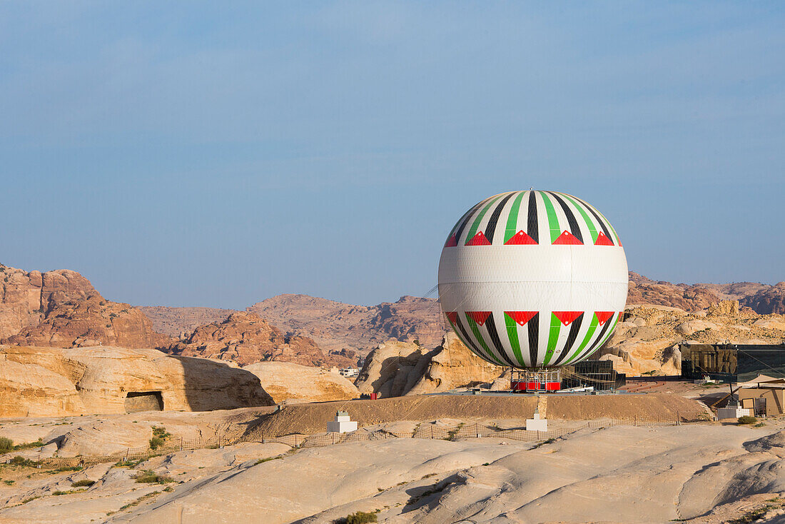 Captive balloon allowing an aerial view of the Historic and archaeological Nabataean city of Petra, UNESCO World Heritage Site, Jordan, Near East, Southern Levant, West Asia