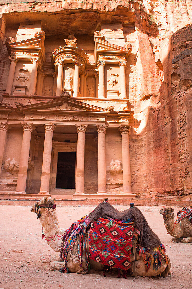 Al-Khasneh (The Treasury) seen from the Siq, the historic and archaeological Nabataean city of Petra, UNESCO World Heritage Site, Jordan, Middle East