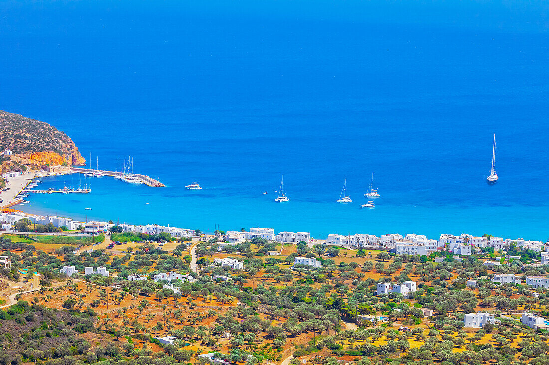 Platis Gialos beach, high angle view, Platis Gialos, Sifnos Island, Cyclades, Greek Islands, Greece, Europe