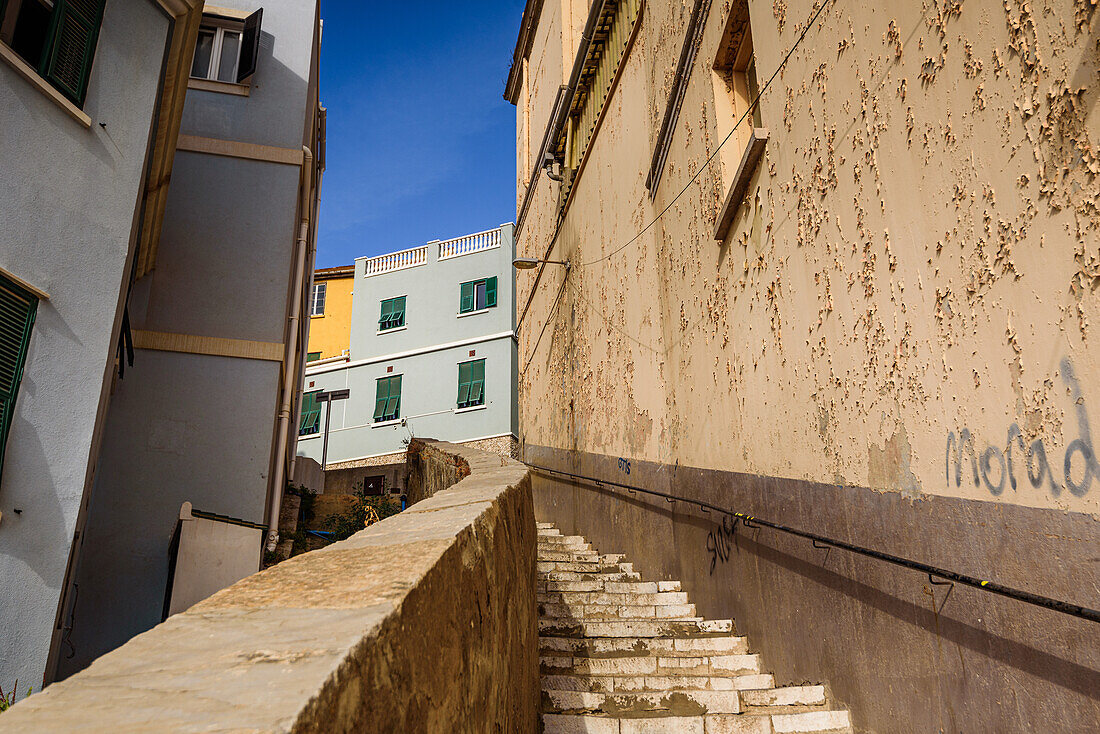 Gibraltar Castle Steps, beautiful residential area on the hill of narrow alleys, Gibraltar, Europe