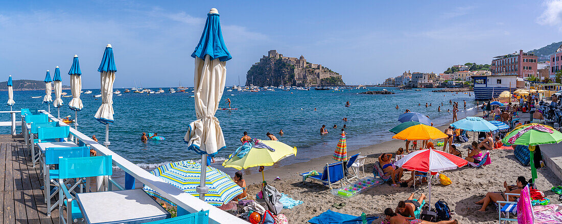 View of Miramare e Castello beach and Aragonese Castle in background, Port of Ischia, Island of Ischia, Campania, Italy, Europe