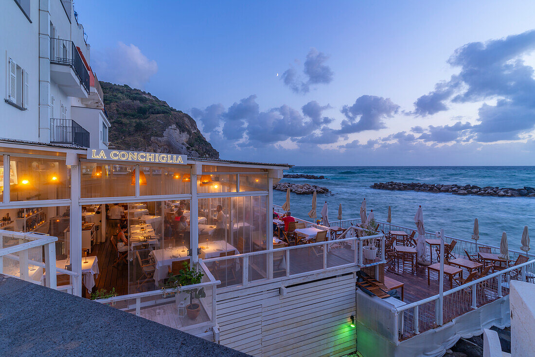 View of restaurant in Sant'Angelo at dusk, Sant'Angelo, Island of Ischia, Campania, Italy, Europe