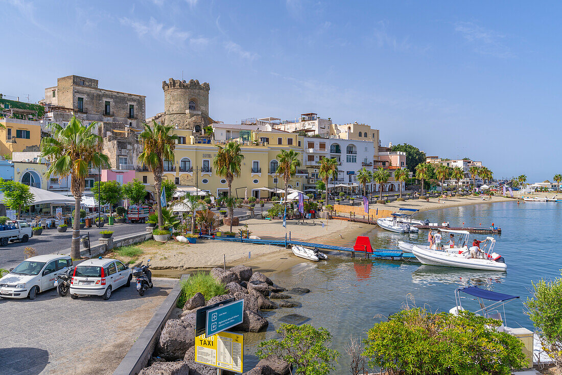 View of cafes and bars at the marina and Torrione Castle Museum, Forio, Island of Ischia, Campania, Italy, Europe