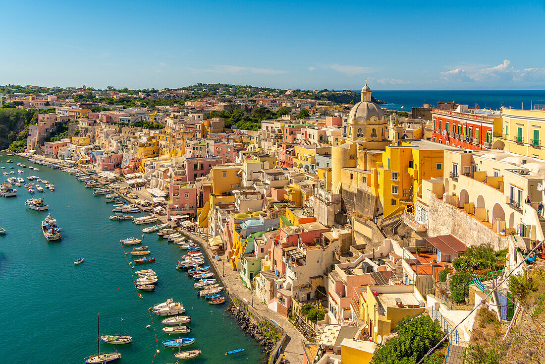 Blick auf Marina di Corricella von erhöhter Position aus,Procida,Phlegräische Inseln,Golf von Neapel,Kampanien,Süditalien,Italien,Europa