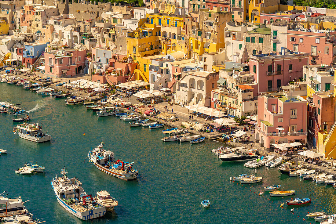 Blick auf Marina di Corricella von der Kirche Santa Maria delle Grazie,Procida,Phlegräische Inseln,Golf von Neapel,Kampanien,Süditalien,Italien,Europa