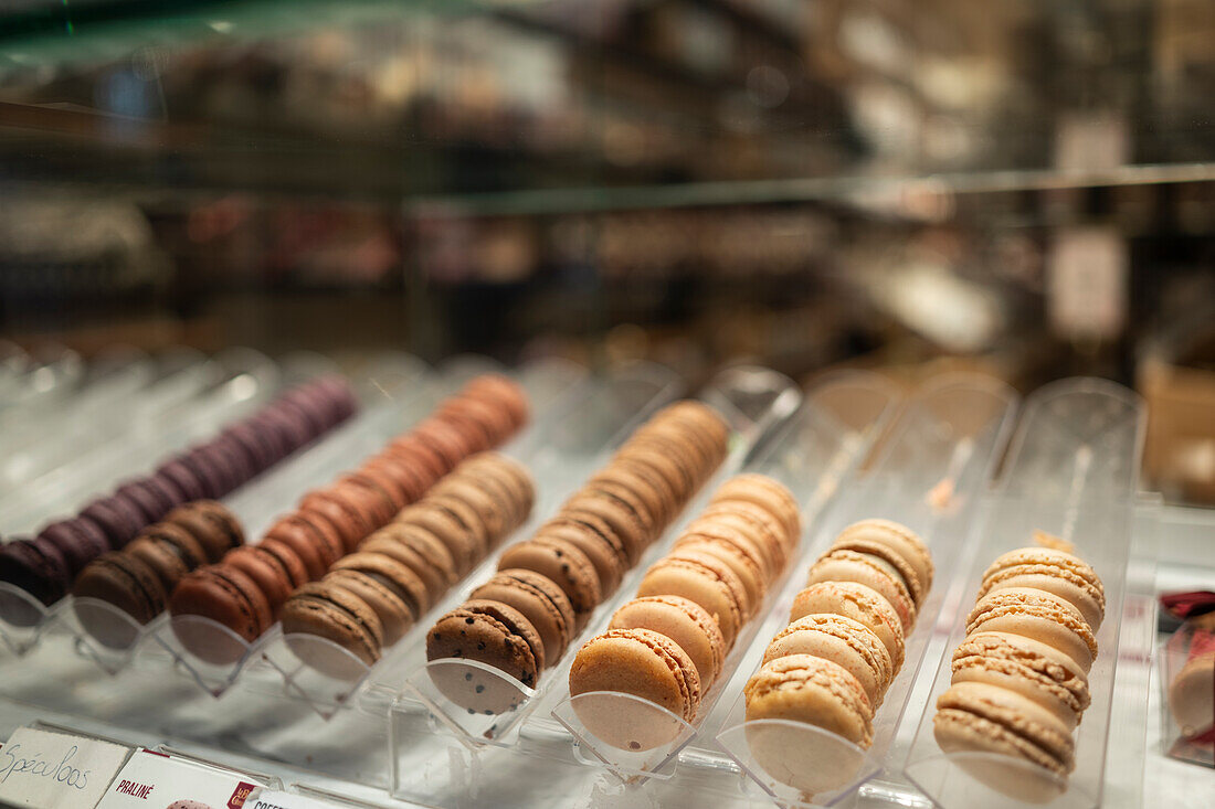 Macaroons (macarons) for sale, Royal Gallery of Saint Hubert, Brussels, Belgium, Europe