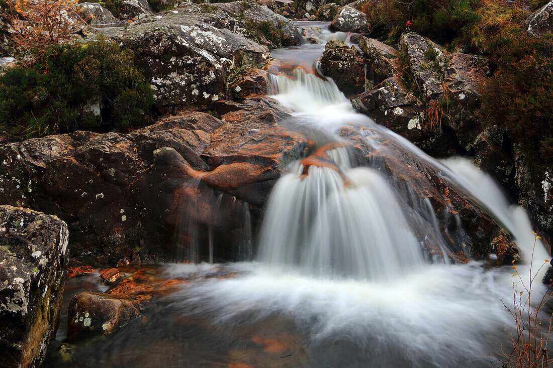 River Coupall and waterfalls, Glen Etive, Highland, Scotland, United Kingdom, Europe