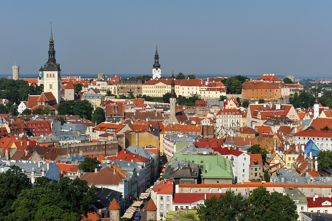 Aerial overview of Old Town Tallinn from Sokos Viru hotel, Old Town, UNESCO World Heritage Site, Tallinn, Estonia, Europe