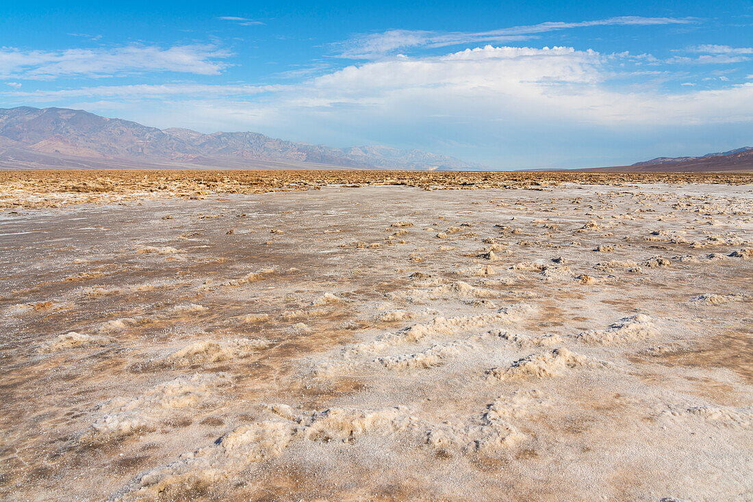 Salt pans on sunny day, Badwater Basin, Death Valley National Park, Eastern California, California, United States of America, North America