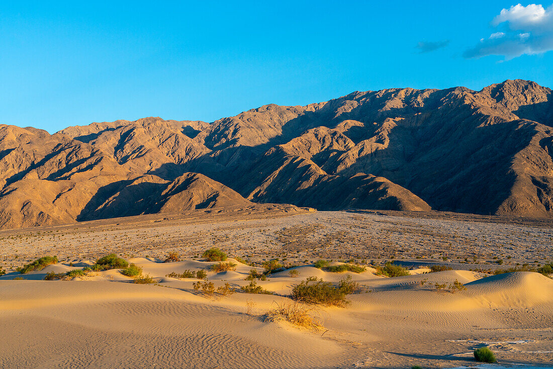 Mesquite Flat Sand Dunes and rocky mountains in desert, Death Valley National Park, Eastern California, California, United States of America, North America