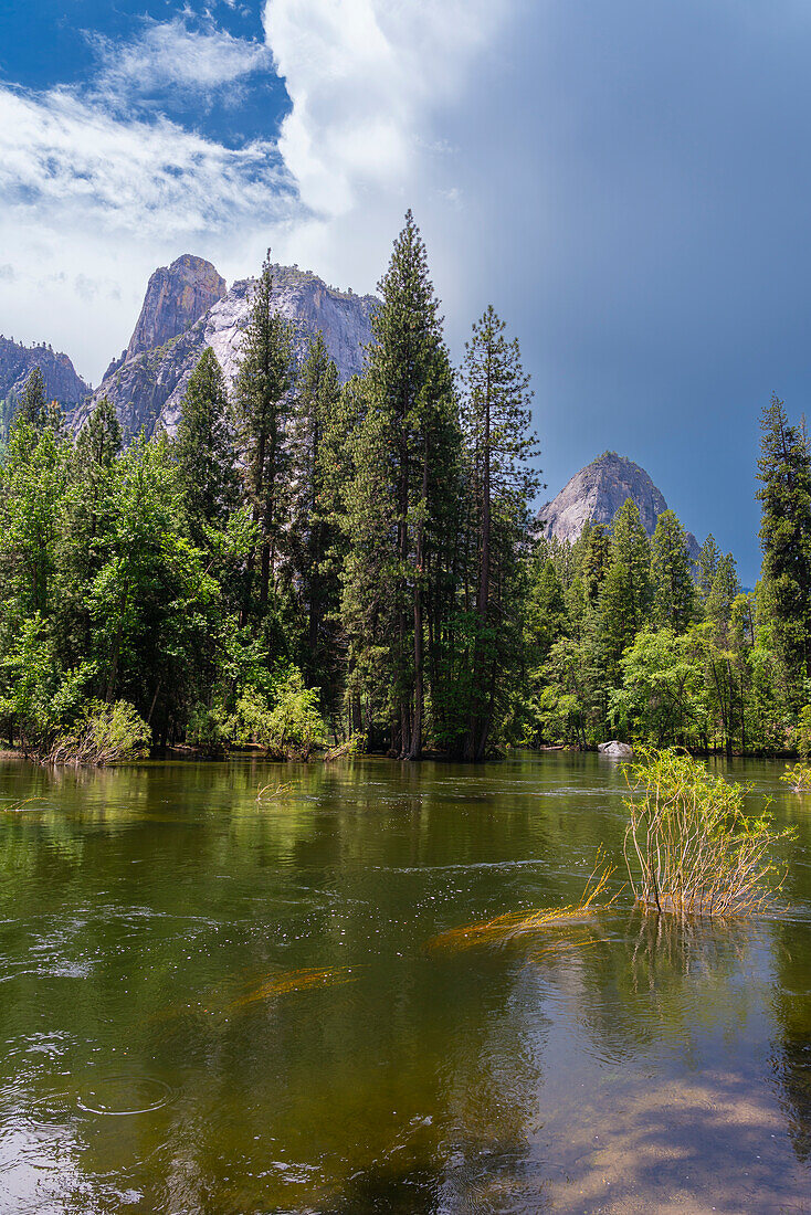 Cathedral Rocks am Merced River,Yosemite-Nationalpark,UNESCO-Welterbe,Sierra Nevada,Zentralkalifornien,Kalifornien,Vereinigte Staaten von Amerika,Nordamerika