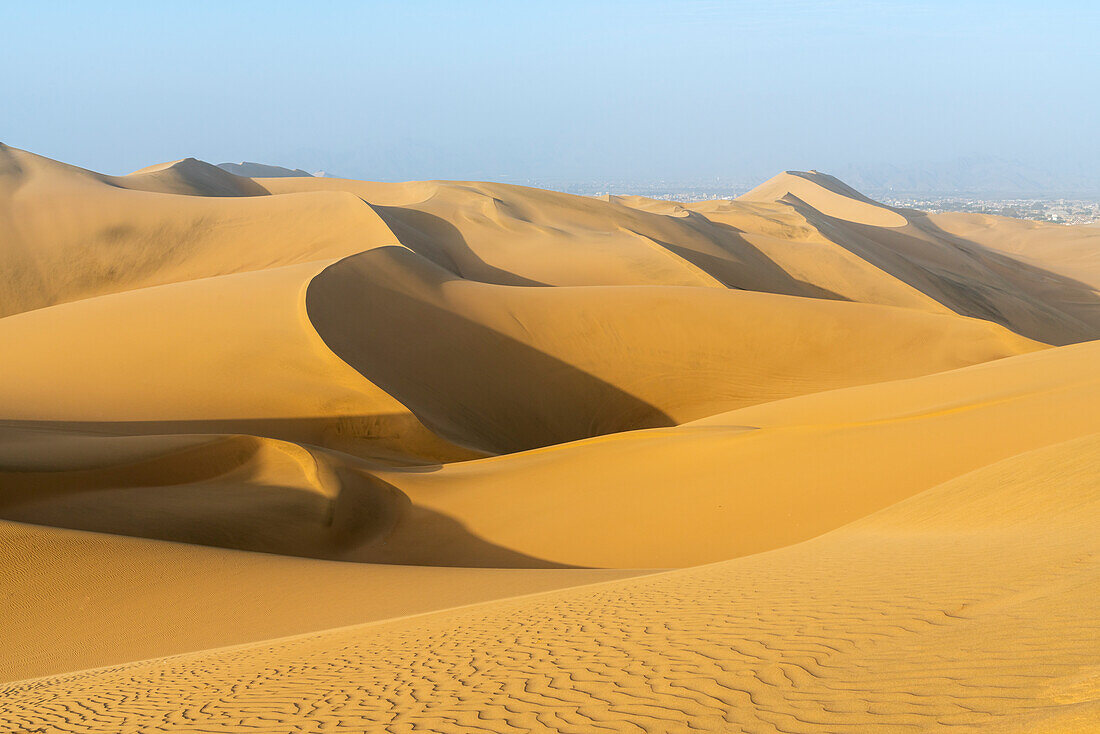 Sand dunes in desert at sunset, Huacachina, Ica District, Ica Province, Ica Region, Peru, South America