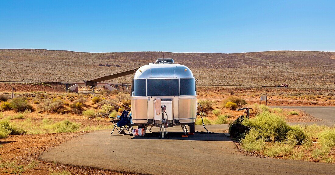 Caravan (Trailer) at the camping area of Sand Hollow State Park, opened in 2003, covering 20000 acres, near St. George, Utah, United States of America, North America