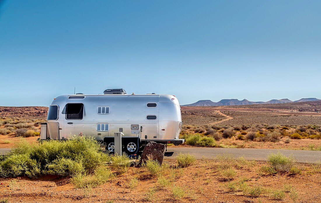 Caravan (Trailer) at the camping area of Sand Hollow State Park, opened in 2003, covering 20000 acres, near St. George, Utah, United States of America, North America