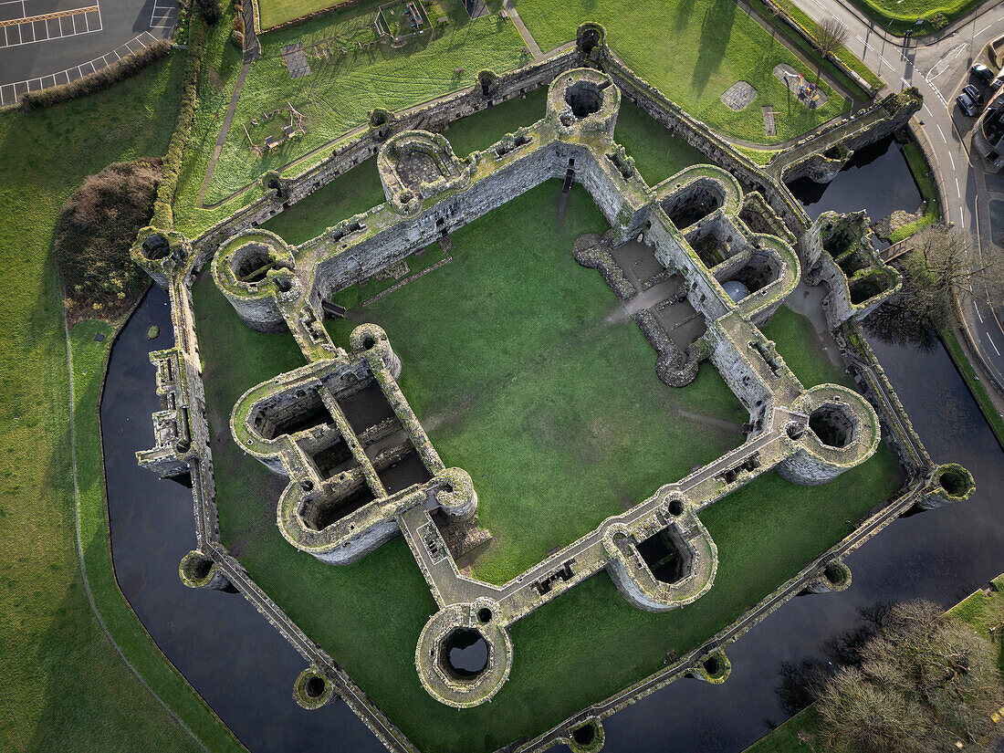 Aerial View of Beaumaris Castle, UNESCO World Heritage Site, Beaumaris, Isle of Anglesey, North Wales, United Kingdom, Europe